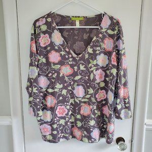 Sigrid Olsen Top Women's 1X Floral 3/4 Sleeve Gray Pink Floral Beaded Shirt
